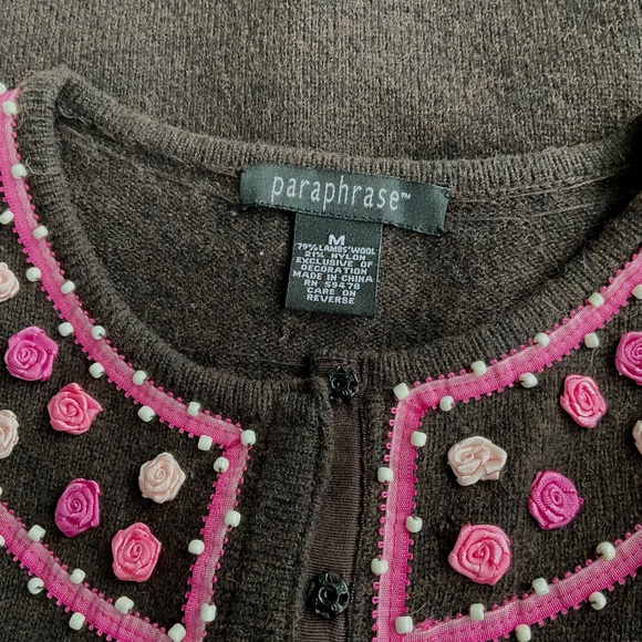 Brown Cardigan Sweater Wool Pink Rose Appliques Beaded (M) - Picture 5 of 8
